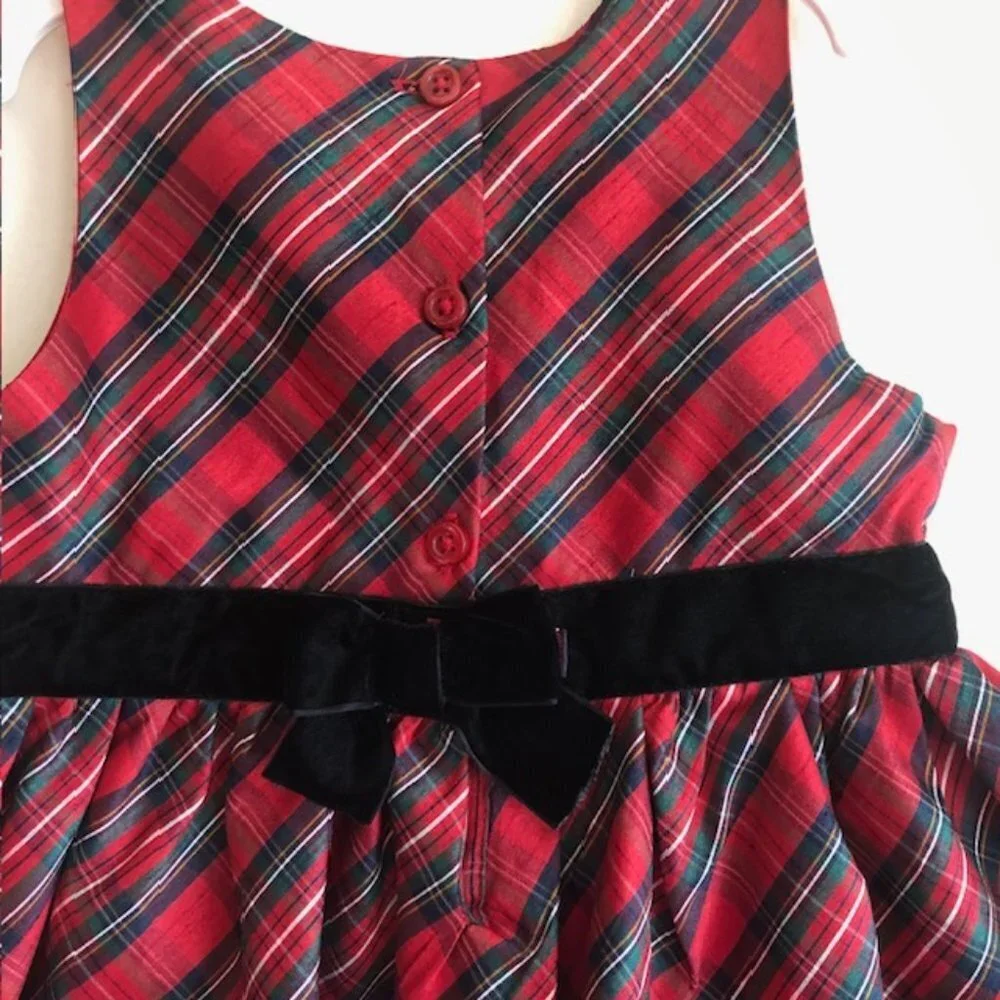 GYMBOREE Red Tartan Plaid Sleeveless Black Velvet Bow Dress 5T